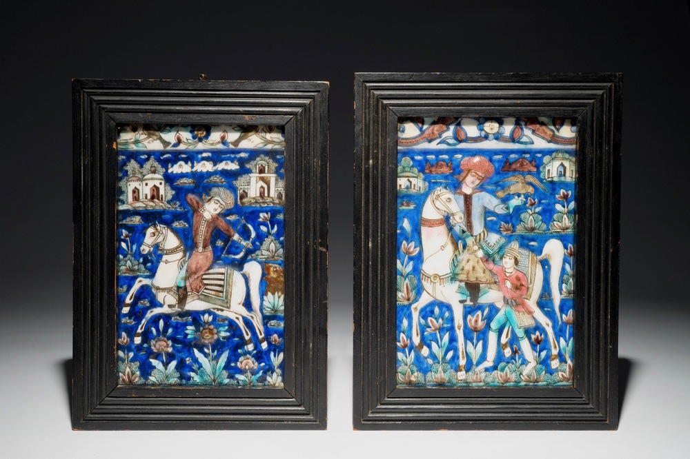 Two Persian Qajar relief-decorated tiles, Iran, 19th C.
